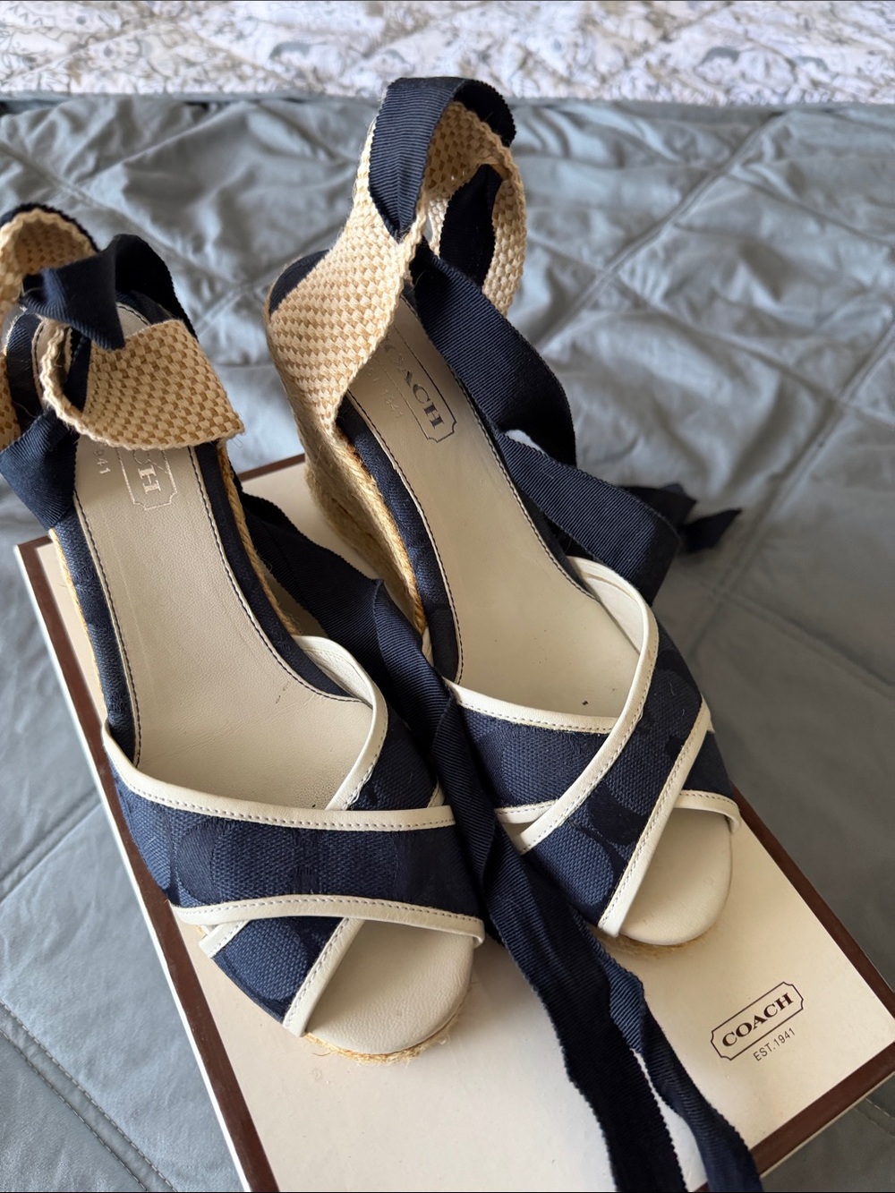Coach Navy and Cream Espadrille Wedge Sandals with Ankle Wrap